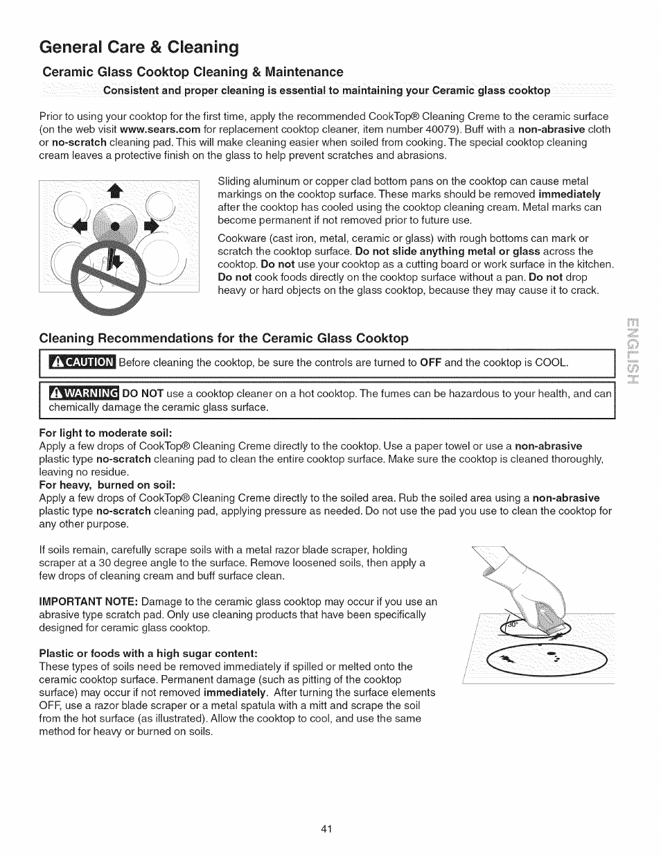 Â caution, For light to moderate soil, Plastic or foods with a high sugar content | General care & cleaning, Ceramic glass cooktop cleaning & maintenance | Kenmore 790.45 User Manual | Page 41 / 48