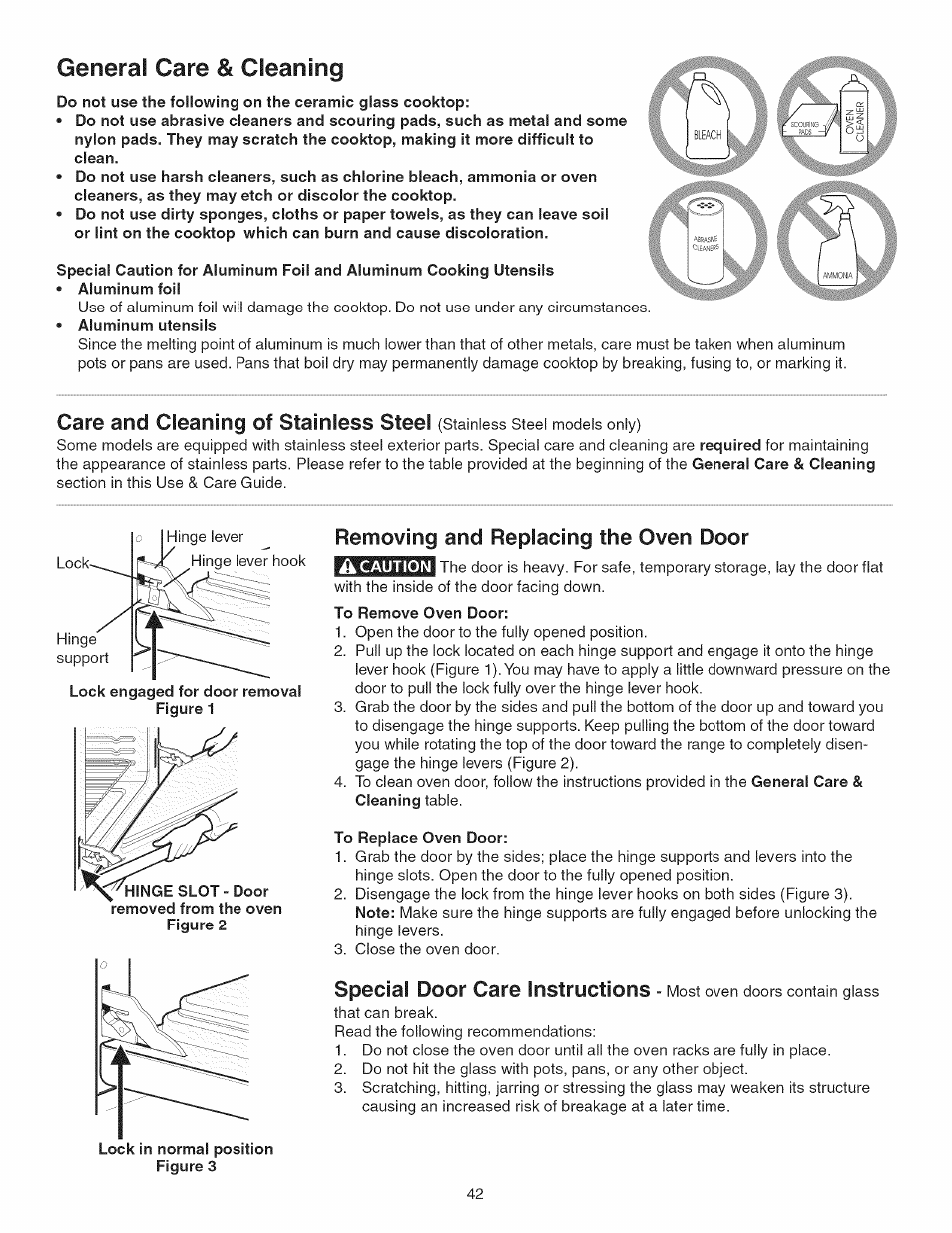 Removing and replacing the oven door, To remove oven door, To replace oven door | Generai care & cleaning, Care and cleaning of stainless steel, Special door care instructions | Kenmore 790.45 User Manual | Page 42 / 48