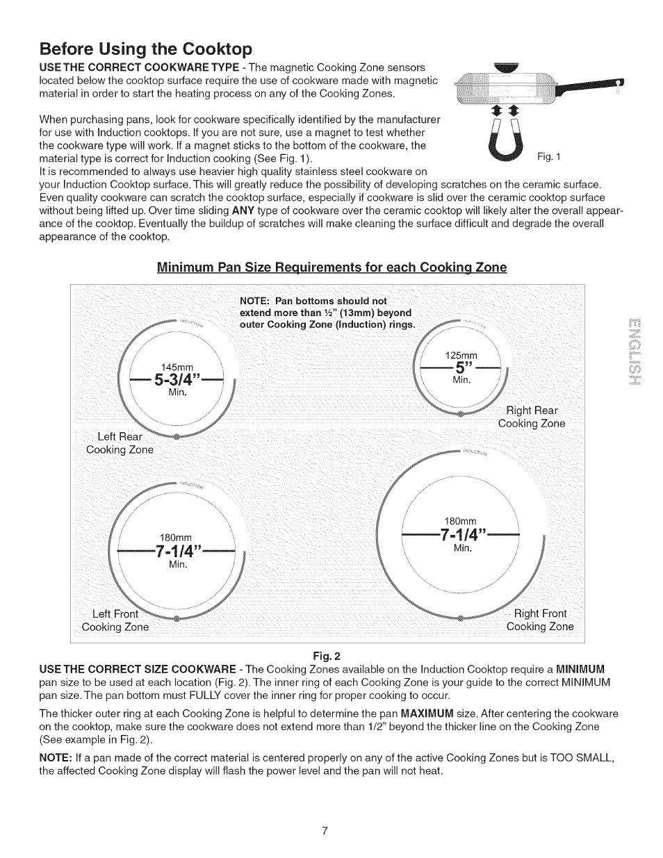 Fig. 2, Before using the cooktop, Minimum pan size requirements | Each cooking zone | Kenmore 790.45 User Manual | Page 7 / 48