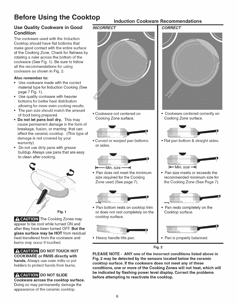 Also remember to, Â caution, Do not slide cookware across the cooktop surface | Before using the cooktop | Kenmore 790.45 User Manual | Page 8 / 48