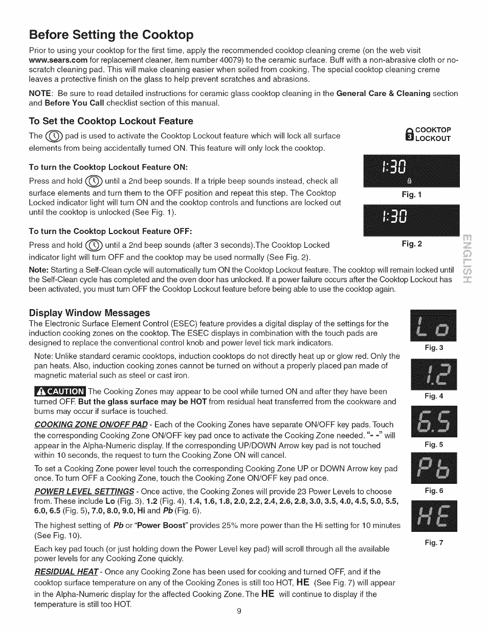 To set the cooktop lockout feature, To turn the cooktop lockout feature on, To turn the cooktop lockout feature off | Display window messages, Before setting the cooktop | Kenmore 790.45 User Manual | Page 9 / 48