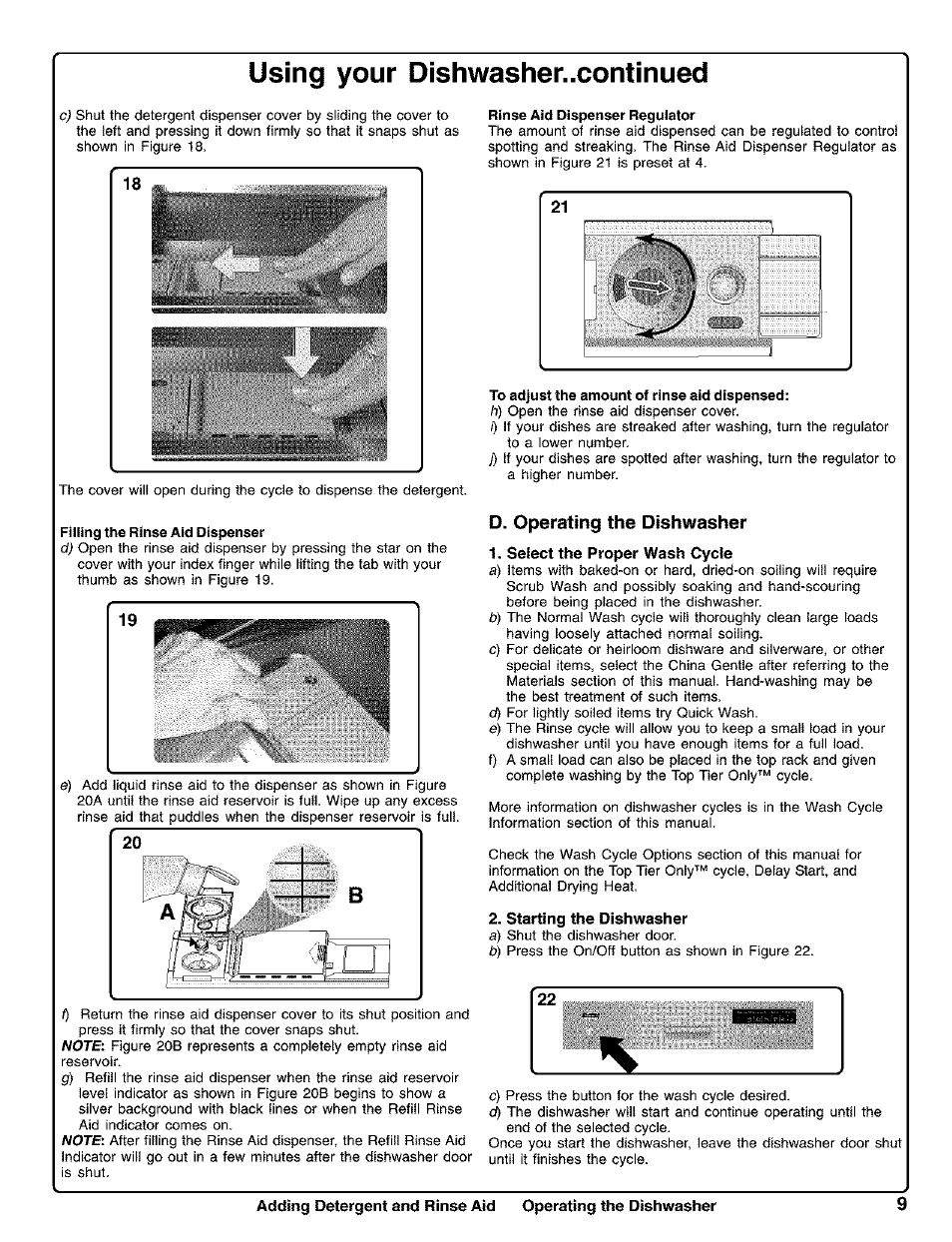 D. operating the dishwasher, Select the proper wash cycle, Starting the dishwasher | Using your dishwasher..continued | Kenmore 630.1730 User Manual | Page 10 / 34