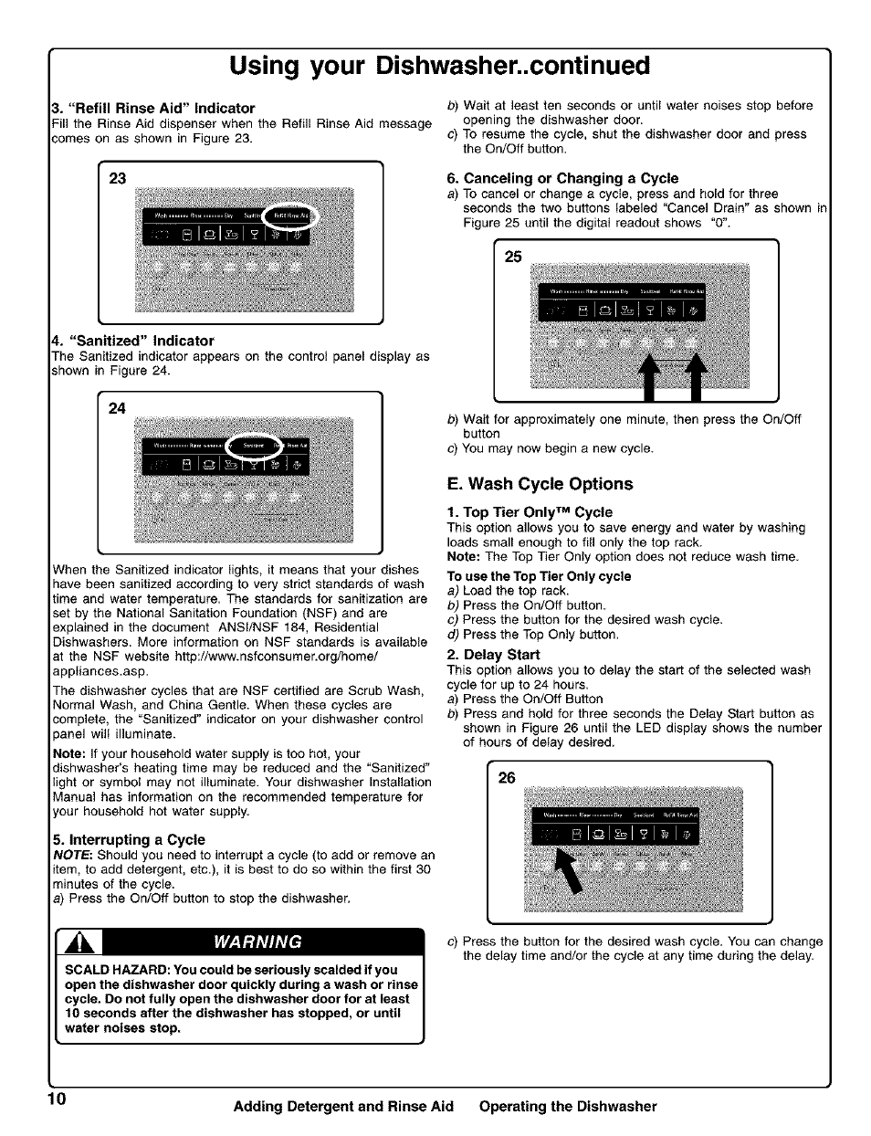 “refill rinse aid” indicator, “sanitized” indicator, Canceling or changing a cycle | Interrupting a cycle, Top пег only™ cycle, Delay start, Using your dishwasher..continueci, E. wash cycle options | Kenmore 630.1730 User Manual | Page 11 / 34