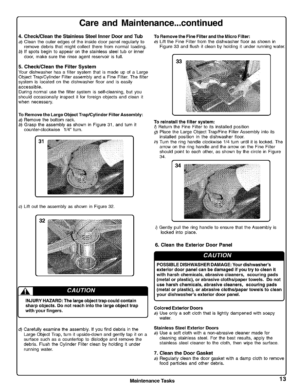 Check/clean the stainless steel inner door and tub, Check/clean the filter system, Clean the exterior door panel | Clean the door gasket, Care and maintenance-continued, Maintenance tasks 13 | Kenmore 630.1730 User Manual | Page 14 / 34