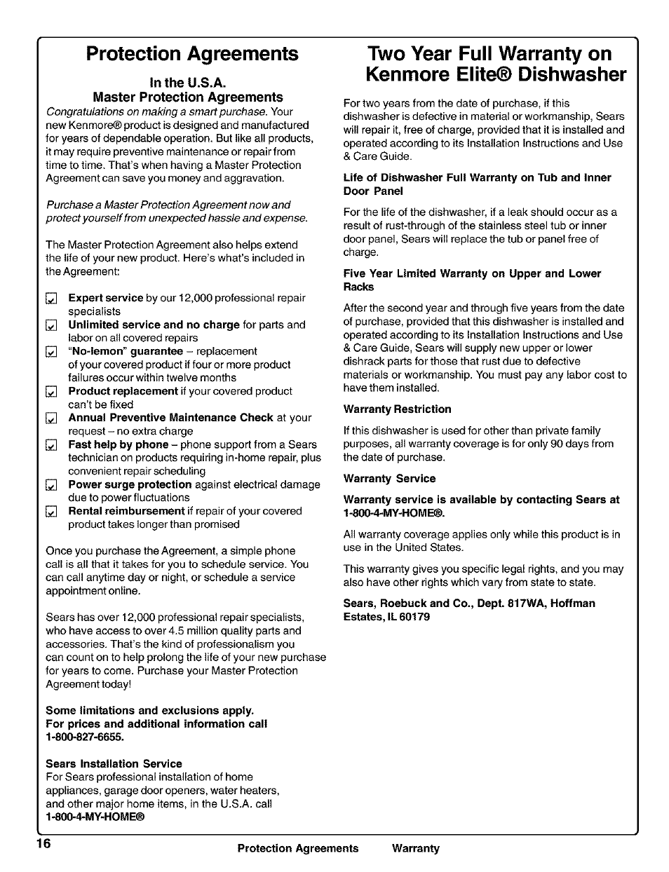 In the u.s.a, Master protection agreements, Some limitations and exciusions apply | Sears installation service, Warranty restriction, Warranty service, Protection agreements | Kenmore 630.1730 User Manual | Page 17 / 34