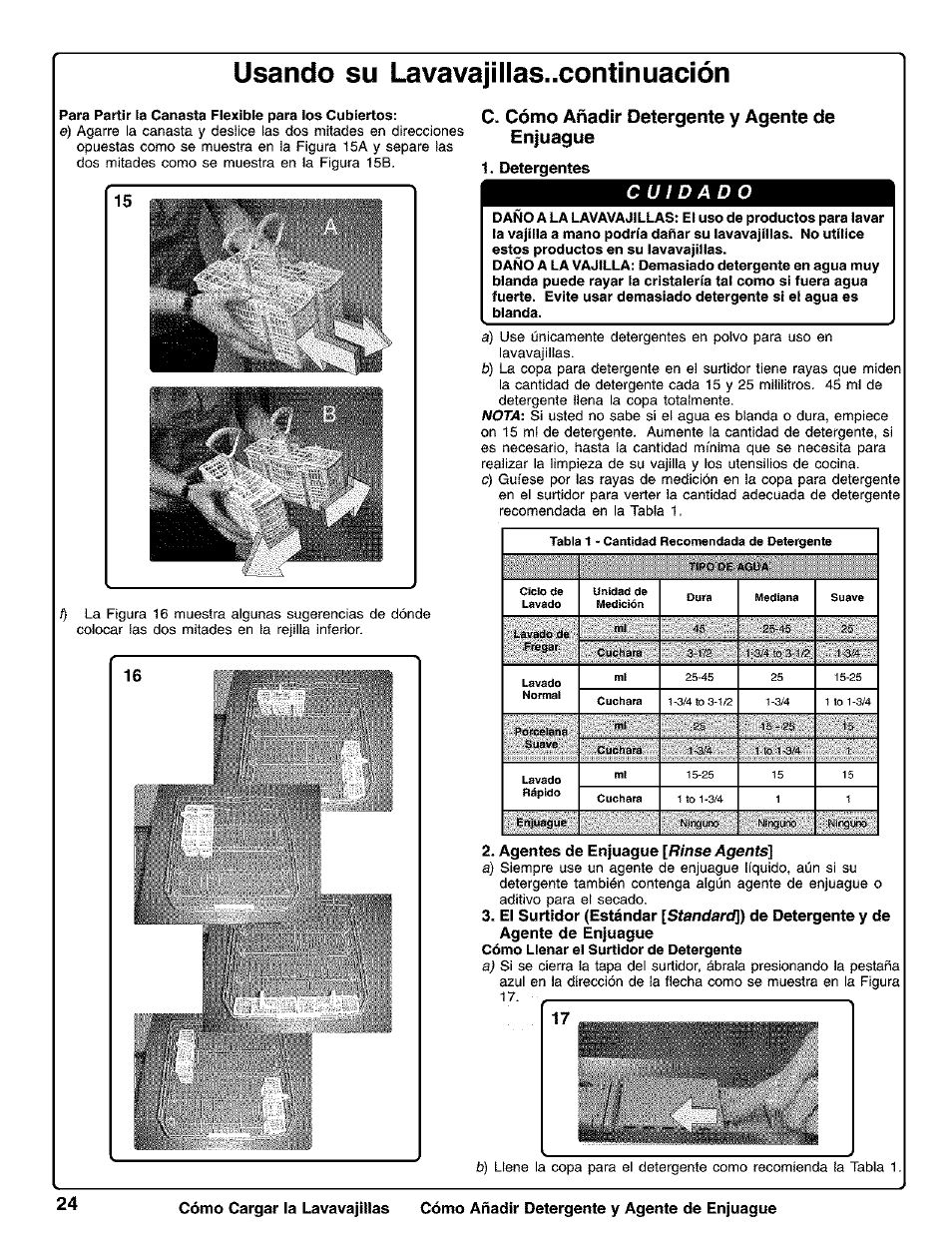 C. cómo añadir detergente y agente de enjuague, Detergentes, Agentes de enjuague [rinse agents | Usando su lavavajillas..continuación | Kenmore 630.1730 User Manual | Page 25 / 34