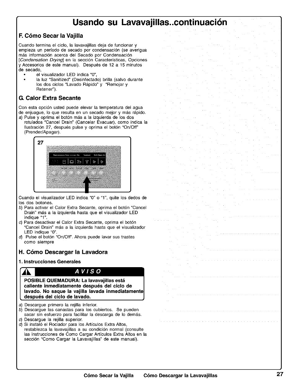 Usando su lavavajillas..continuación, F. cómo secar la vajilla, G. calor extra secante | H. cómo descargar fa lavadora, B e & | 7 u | Kenmore 630.1730 User Manual | Page 28 / 34