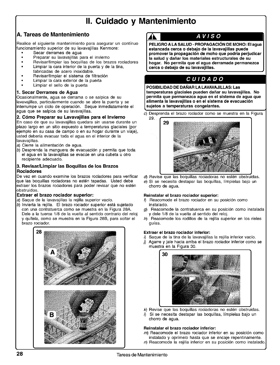 Secar derrames de agua, Cómo preparar su lavavajillas para el invierno, Ii. cuidado y mantenimiento | A. tareas de mantenimiento | Kenmore 630.1730 User Manual | Page 29 / 34