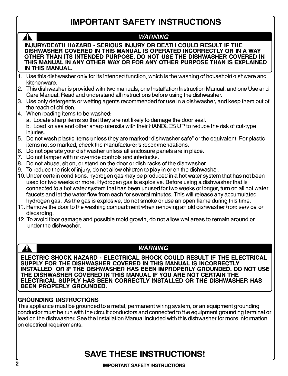 Grounding instructions, Important safety instructions, Save these instructions | Kenmore 630.1730 User Manual | Page 3 / 34