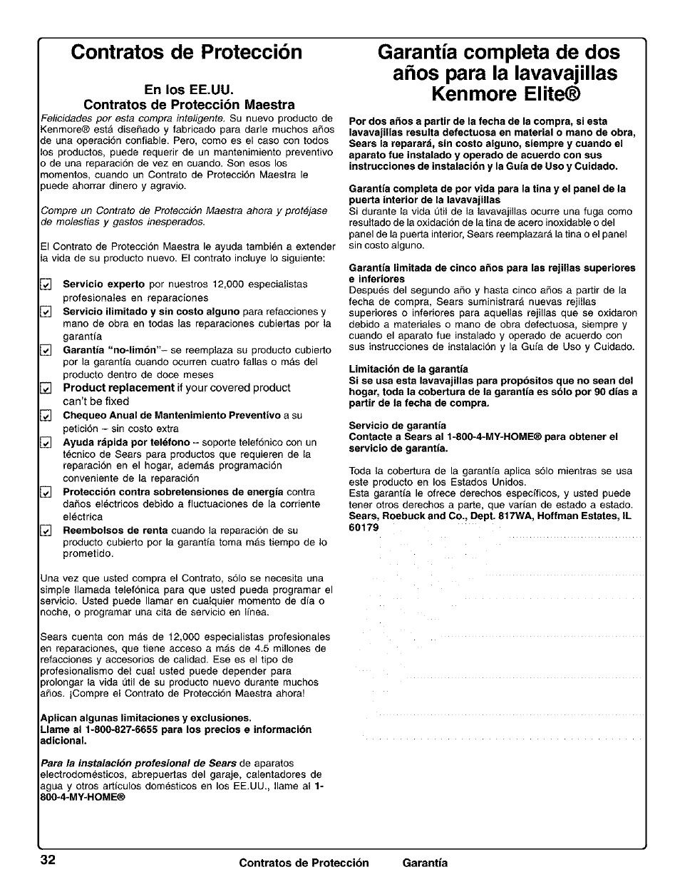 Contratos de protección, En los ee.uu. contratos de protección maestra, Product replacement | Contratos de protección garantía | Kenmore 630.1730 User Manual | Page 33 / 34