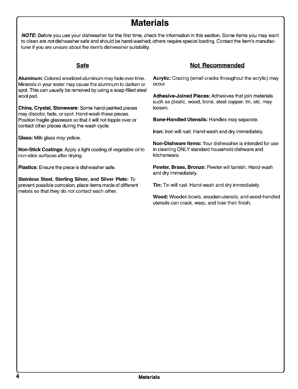 Safe, Not recommended, Materials | Kenmore 630.1730 User Manual | Page 5 / 34