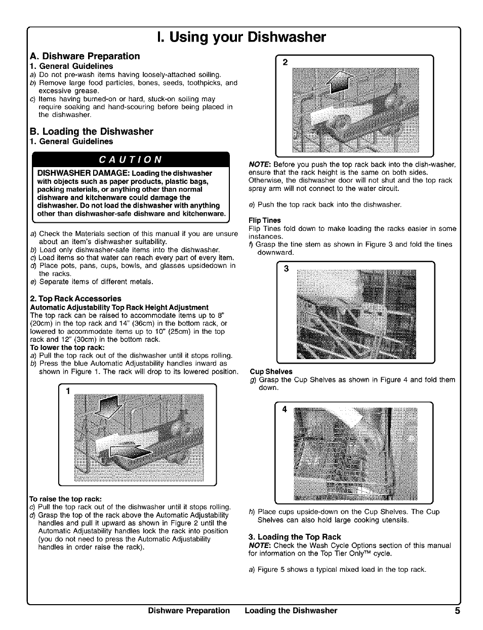 A. dishware preparation, B. loading the dishwasher, I. using your dishwasher | Dishware preparation loading the dishwasher | Kenmore 630.1730 User Manual | Page 6 / 34