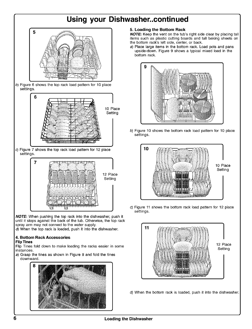 Loading the bottom rack, Bottom rack accessories, Using your dishwasher..continued | Loading the dishwasher | Kenmore 630.1730 User Manual | Page 7 / 34