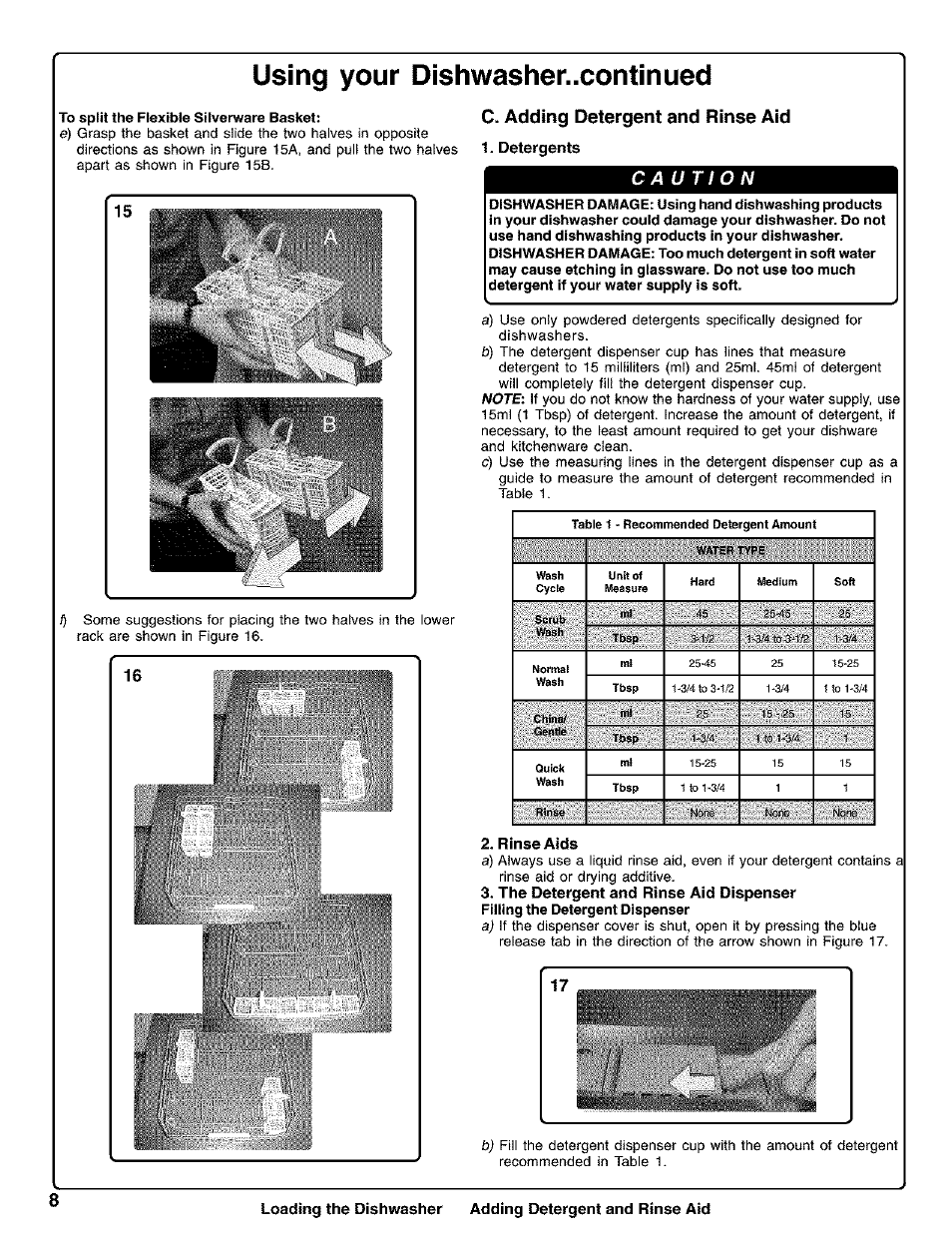 C. adding detergent and rinse aid, Detergents, Rinse aids | The detergent and rinse aid dispenser, Using your dishwasher..continued | Kenmore 630.1730 User Manual | Page 9 / 34