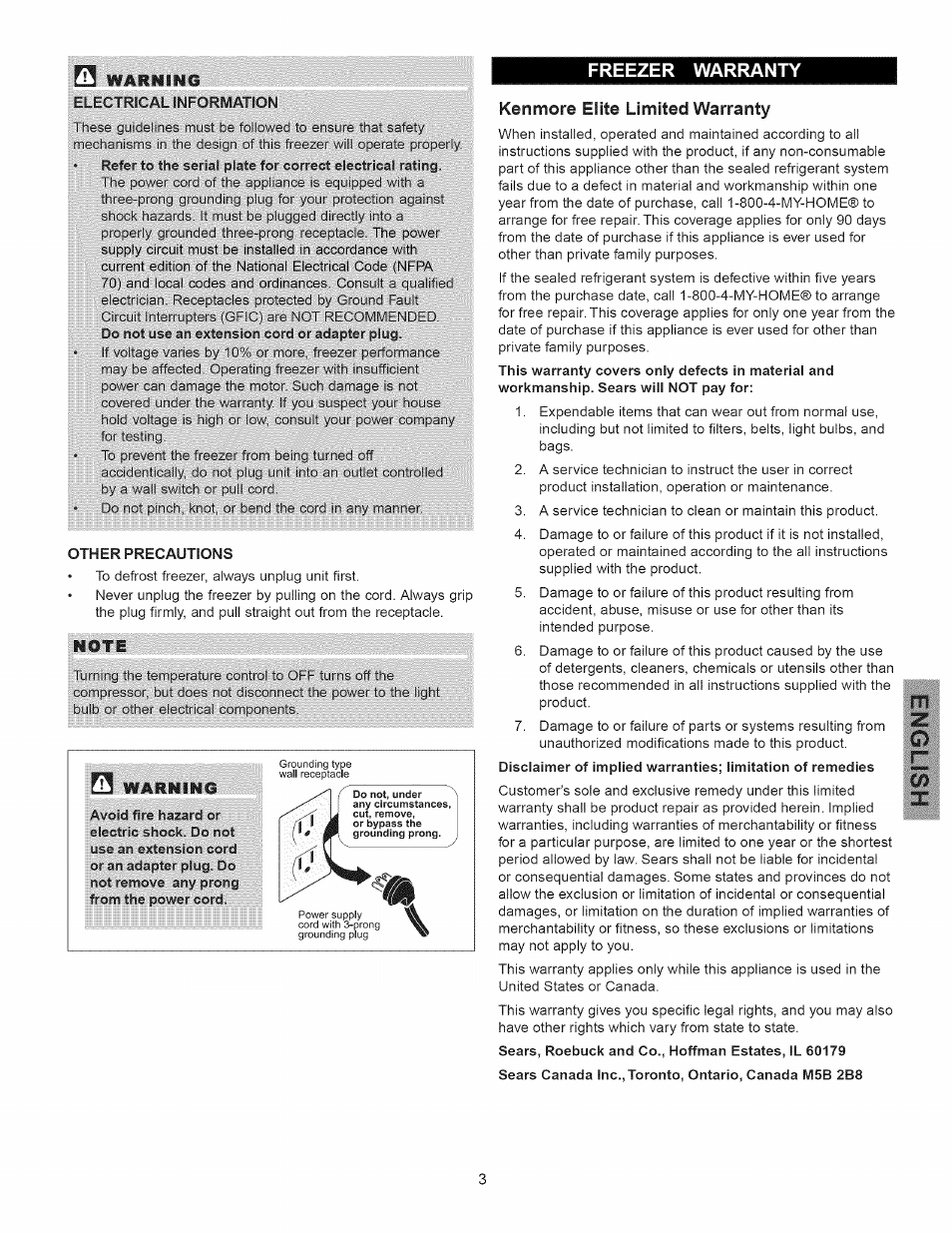 Freezer warranty, Kenmore elite limited warranty, Freezer warranty kenmore elite limited warranty | Kenmore 297310600 User Manual | Page 3 / 11
