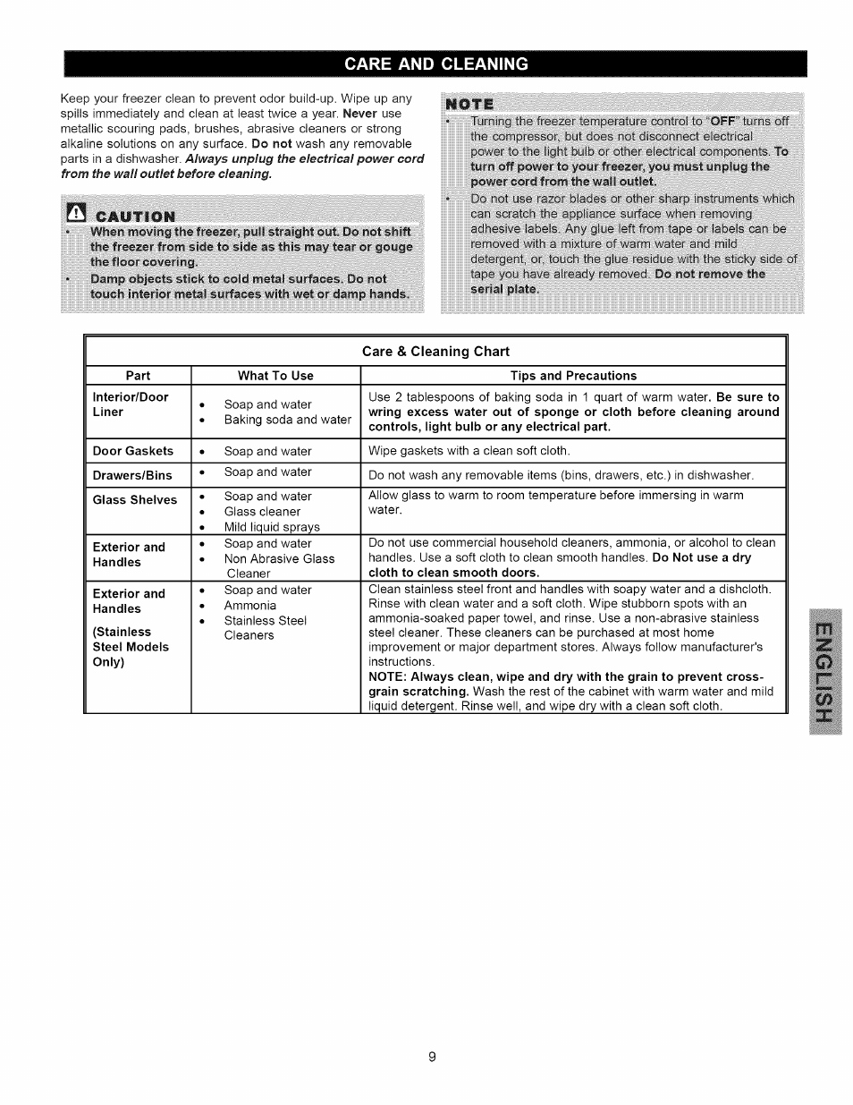 Care and cleaning | Kenmore 297310600 User Manual | Page 9 / 11