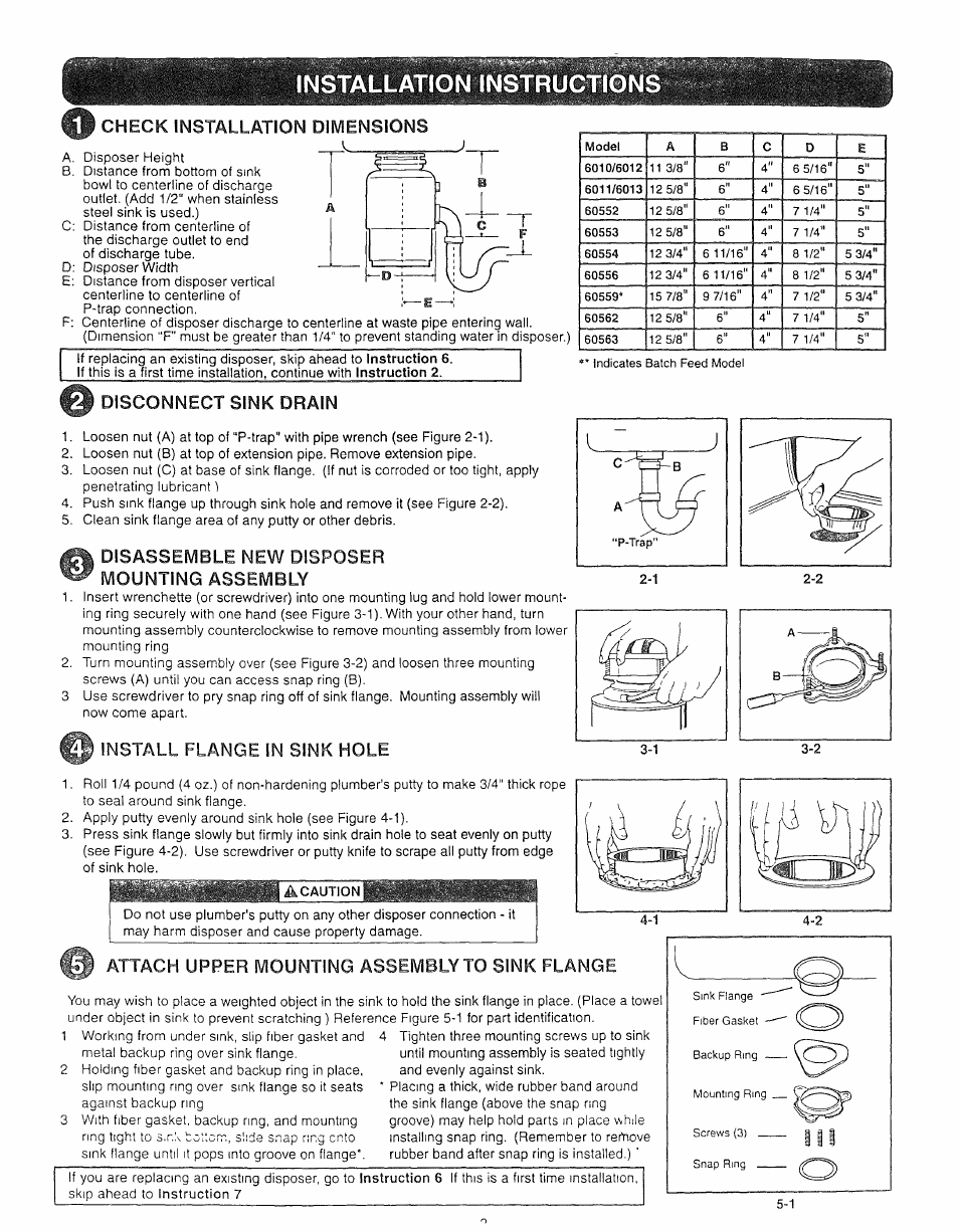 Check installation dimensions, Disconnect sink drain, Disassemble new disposer mounting assembly | Install flange in sink hole, Attach upper mounting assembly to sink flange, Instruction, Hole, Upper, Flange, Install flange in sink | Kenmore 72785 User Manual | Page 2 / 8