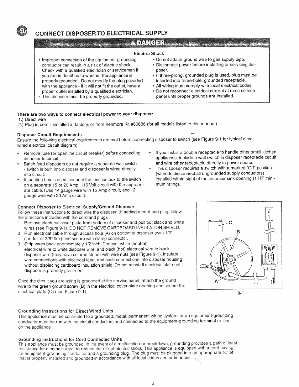 Connect disposer to electrical supply, Adanger^>,s | Kenmore 72785 User Manual | Page 4 / 8