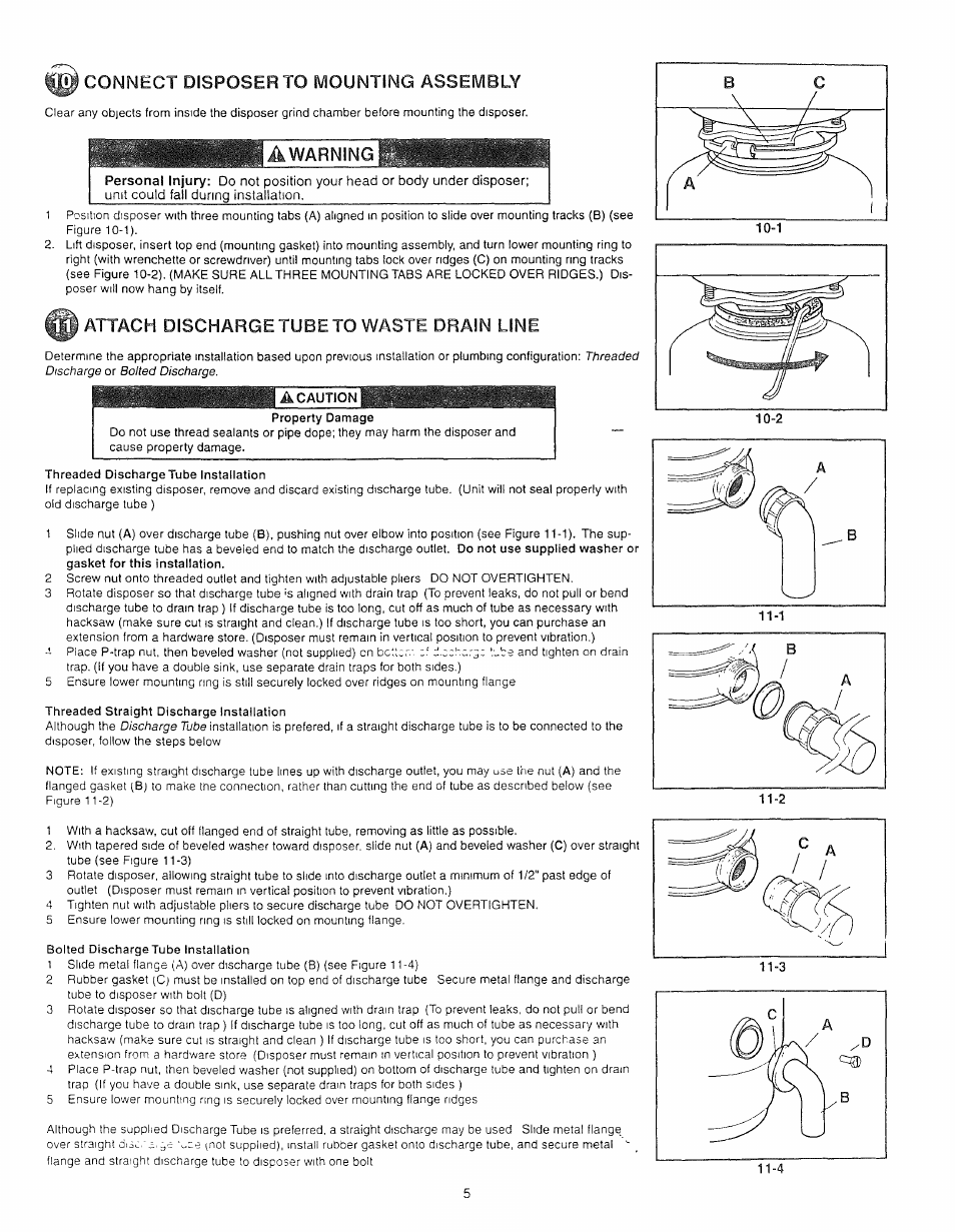 Connect disposer to mounting assembly, Ia warning t, Attach discharge tube to waste drain line | Kenmore 72785 User Manual | Page 5 / 8