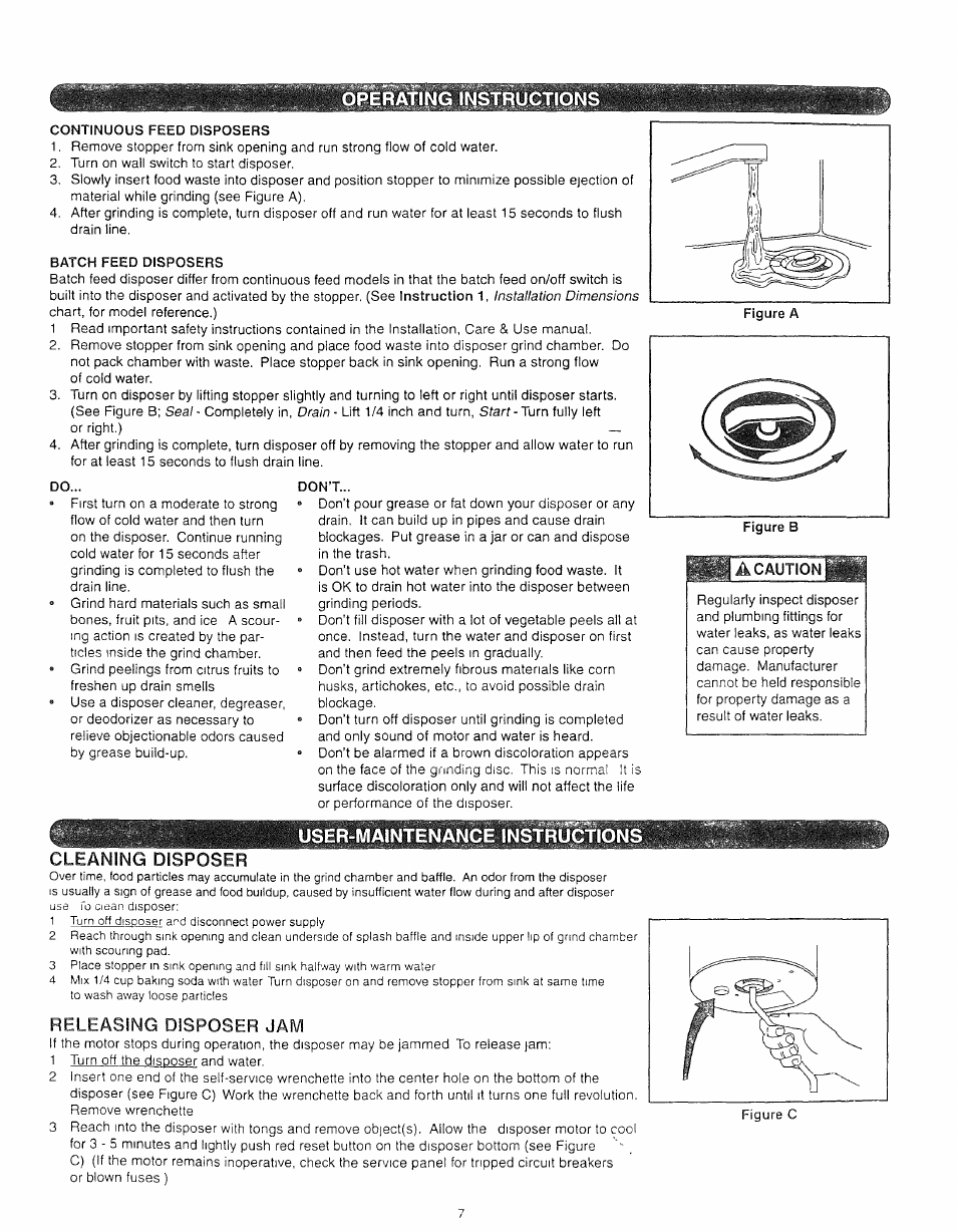 Continuous feed disposers, Batch feed disposers, Don’t | Cleaning disposer, Operating instructions, User-maintenance instructio, Releasing disposer jam | Kenmore 72785 User Manual | Page 7 / 8