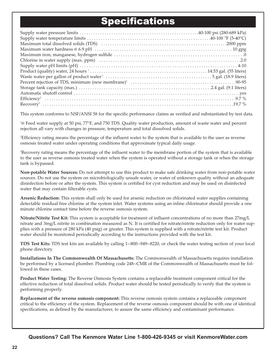 Specifications | Kenmore 625.381560 User Manual | Page 22 / 28