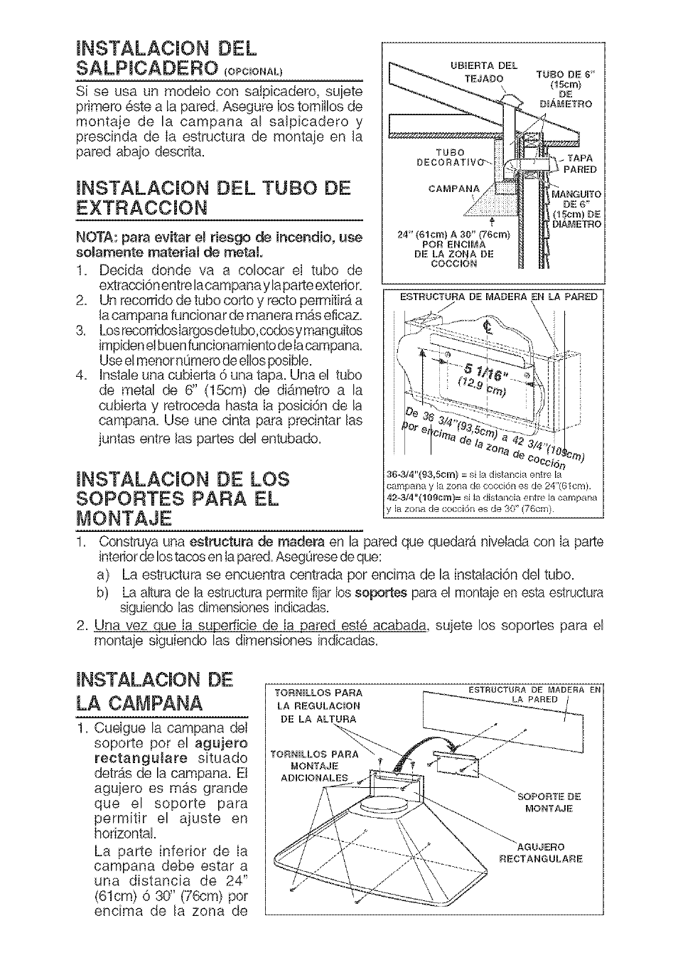 Instalacion del salpicadero, Instalacion del tubo de extraccion, Instalacion de los soportes para el montaje | Instalacion de la campana | Kenmore 233.503632 User Manual | Page 10 / 20