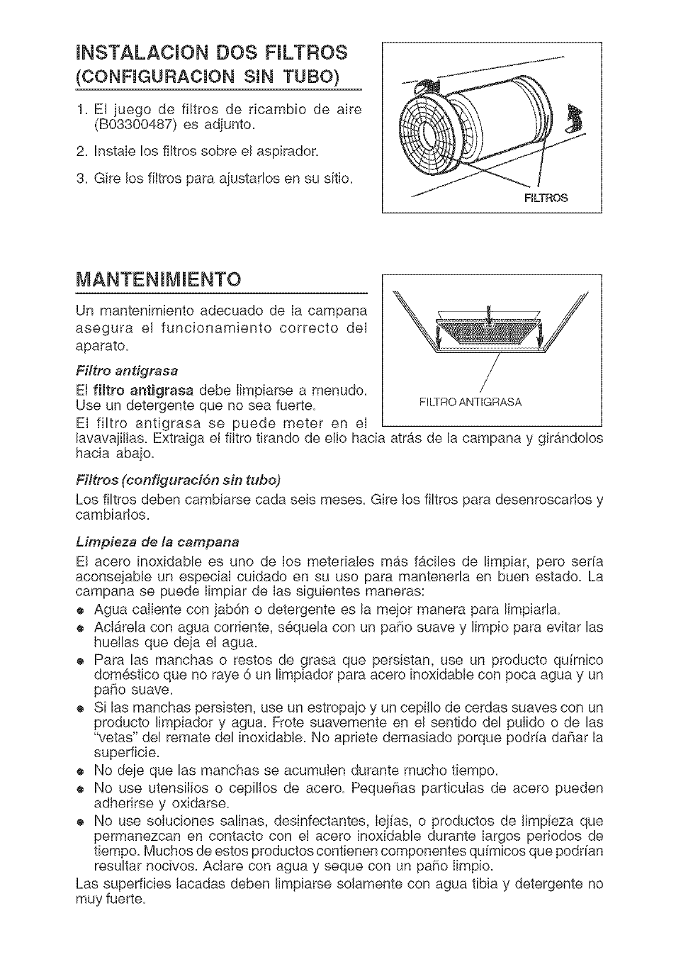 Instalacion dos filtros (configuracion sin tubo), Mantenimiento | Kenmore 233.503632 User Manual | Page 13 / 20