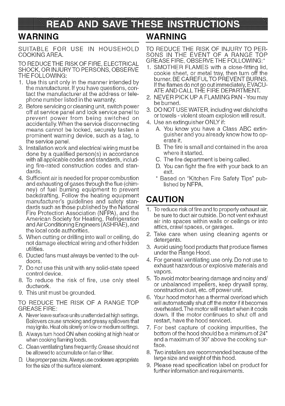 Read and save these instructio, Warning, Caution | Kenmore 233.503632 User Manual | Page 2 / 20