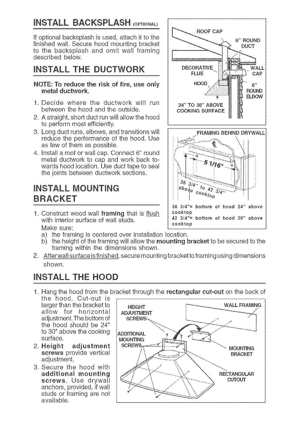 Install backsplash, Install the ductwork, Install mounting bracket | Install the hood | Kenmore 233.503632 User Manual | Page 3 / 20