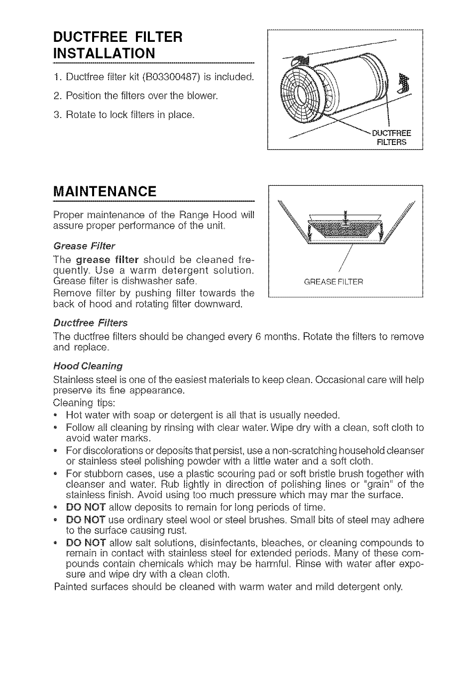 Ductfree filter installation, Maintenance | Kenmore 233.503632 User Manual | Page 6 / 20