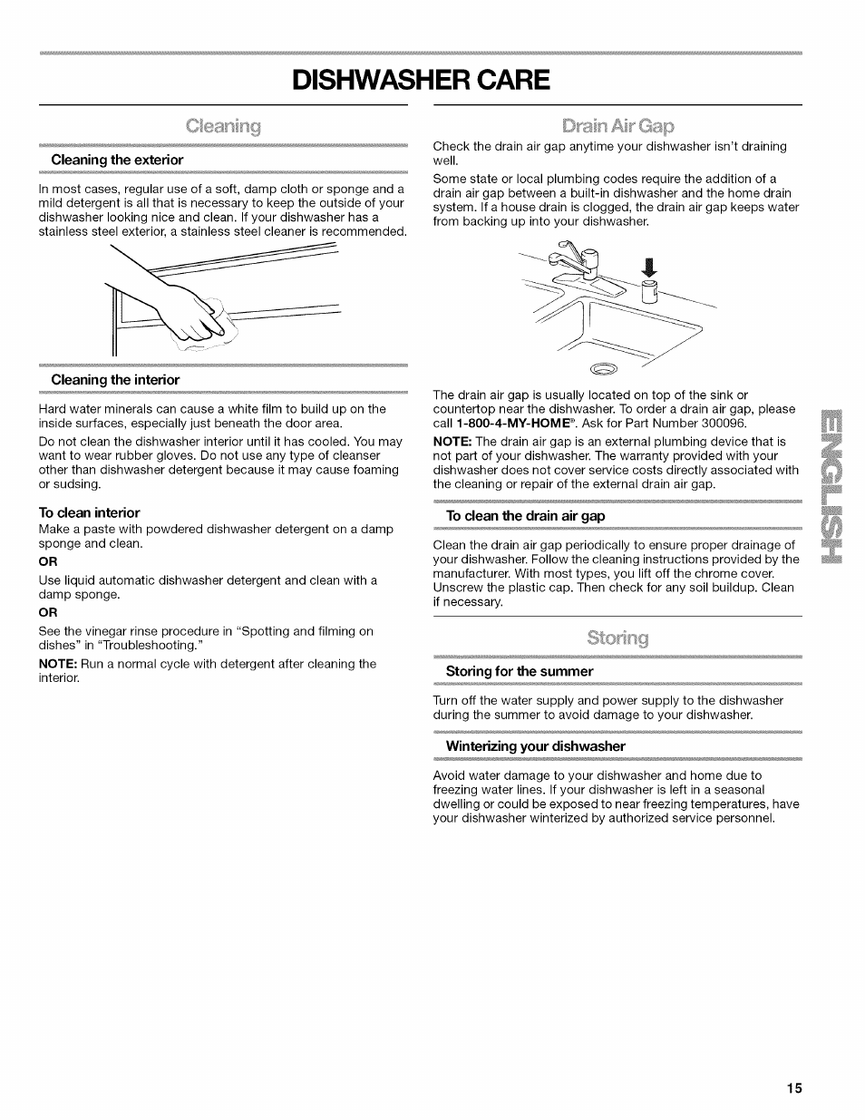 Dishwasher care, To clean interior, To clean the drain air gap | Storing for the summer, Winterizing your dishwasher | Kenmore ULTRA WASH 665.77925 User Manual | Page 15 / 56