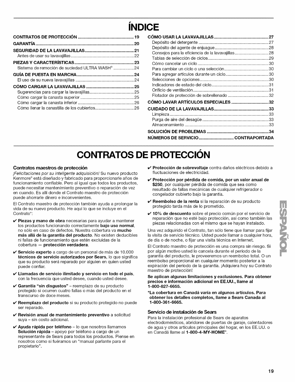 Indice, Contratos de proteccion, Contratos maestros de protección | Servicio de instalación de sears | Kenmore ULTRA WASH 665.77925 User Manual | Page 19 / 56