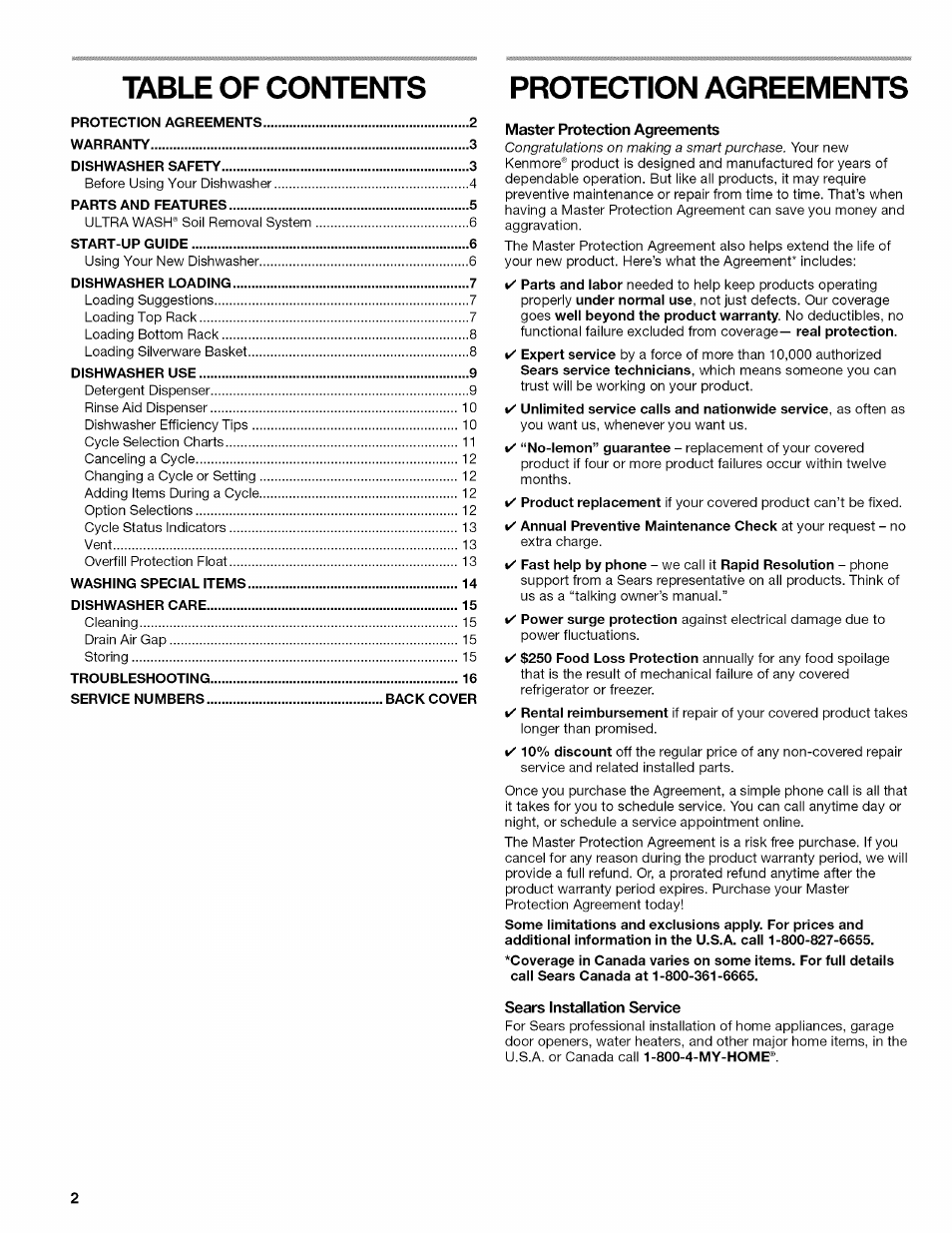 Table of contents protection agreements, Sears installation service | Kenmore ULTRA WASH 665.77925 User Manual | Page 2 / 56