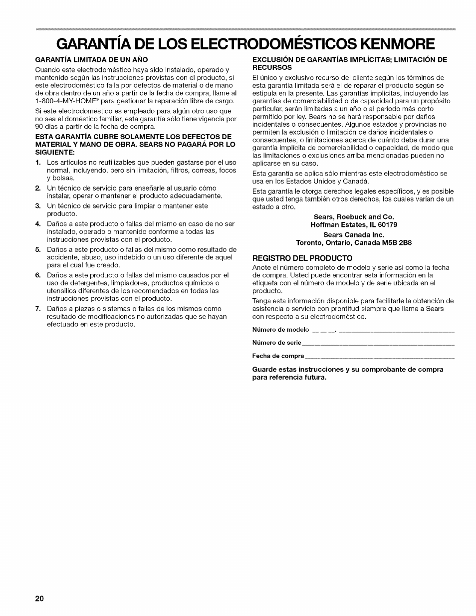 Garantia de los electrodomesticos kenmore, Registro del producto | Kenmore ULTRA WASH 665.77925 User Manual | Page 20 / 56