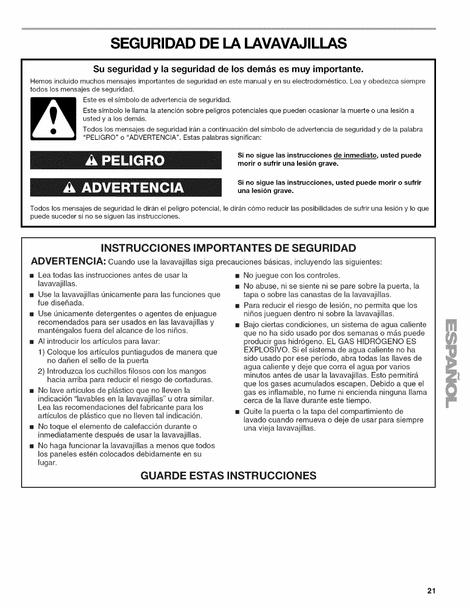 Seguridad de la lavavajillas, A peligro, A advertencia | Peligro, Advertencia, Guarde estas instrucciones, Instrucciones importantes de seguridad | Kenmore ULTRA WASH 665.77925 User Manual | Page 21 / 56