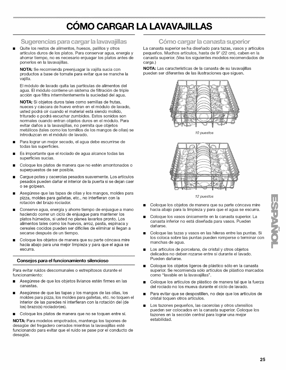 Como cargar la lavavajillas, Consejos para el funcionamiento silencioso, Cómo cargar la lavavajillas | Kenmore ULTRA WASH 665.77925 User Manual | Page 25 / 56