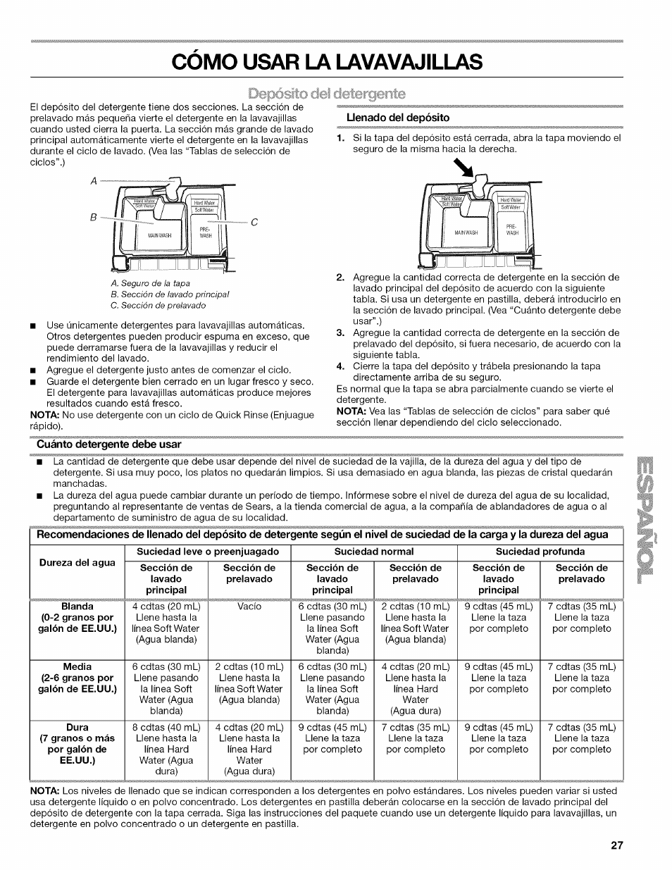 Como usar la lavavajillas, Llenado del depósito | Kenmore ULTRA WASH 665.77925 User Manual | Page 27 / 56