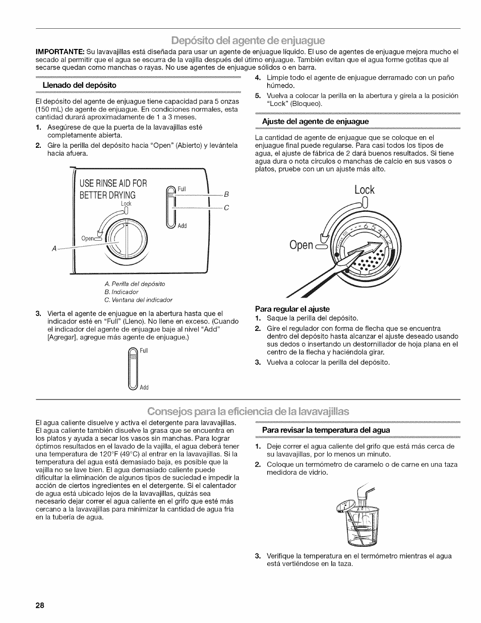 Llenado del depósito, Ajuste del agente de enjuague, Para regular el ajuste | Para revisar la temperatura del agua, Depósito dei agente de enjuague, Inpague, Lock, Íf^full | Kenmore ULTRA WASH 665.77925 User Manual | Page 28 / 56