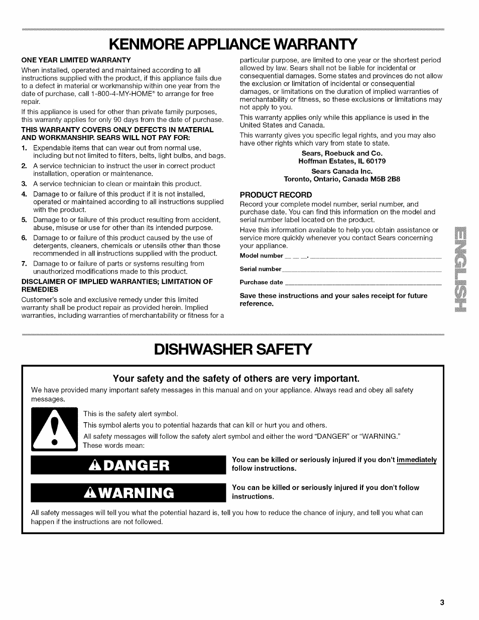 Kenmore appliance warranty, Product record, Dishwasher safety | Adanger awarning | Kenmore ULTRA WASH 665.77925 User Manual | Page 3 / 56