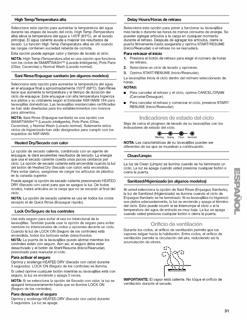 High temp/temperatura alta, Delay hours/horas de retraso, Sani rinse/enjuague sanitario (en algunos modelos) | Heated dry/secado con calor, Lock on/seguro de los controles, Clean/ümpio, Sanitized/higienizado (en algunos modelos), I^rrr, Aclores oe ef, Orüc | Kenmore ULTRA WASH 665.77925 User Manual | Page 31 / 56