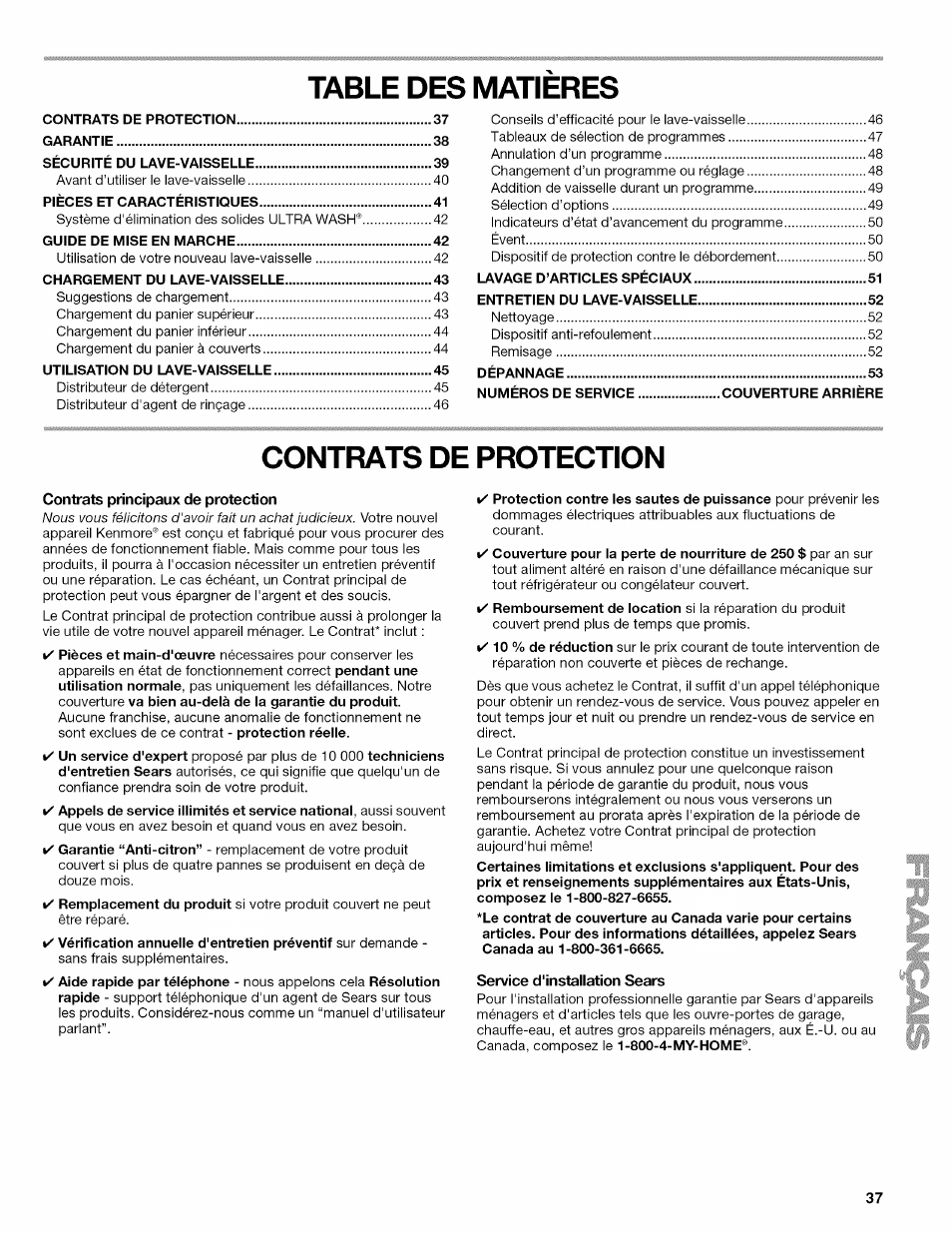 Table des matieres, Contrats de protection, Contrats principaux de protection | Service d'installation sears | Kenmore ULTRA WASH 665.77925 User Manual | Page 37 / 56