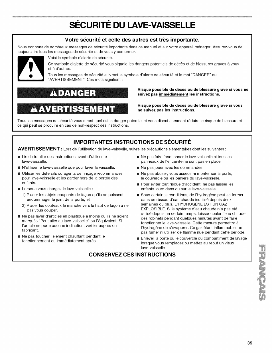 Securite du lave-vaisselle, Sécurité du lave-vaisselle, Adanger | Aavertissement | Kenmore ULTRA WASH 665.77925 User Manual | Page 39 / 56