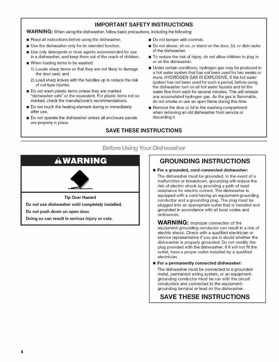 Ikwarning, Grounding instructions, Save these instructions | Kenmore ULTRA WASH 665.77925 User Manual | Page 4 / 56