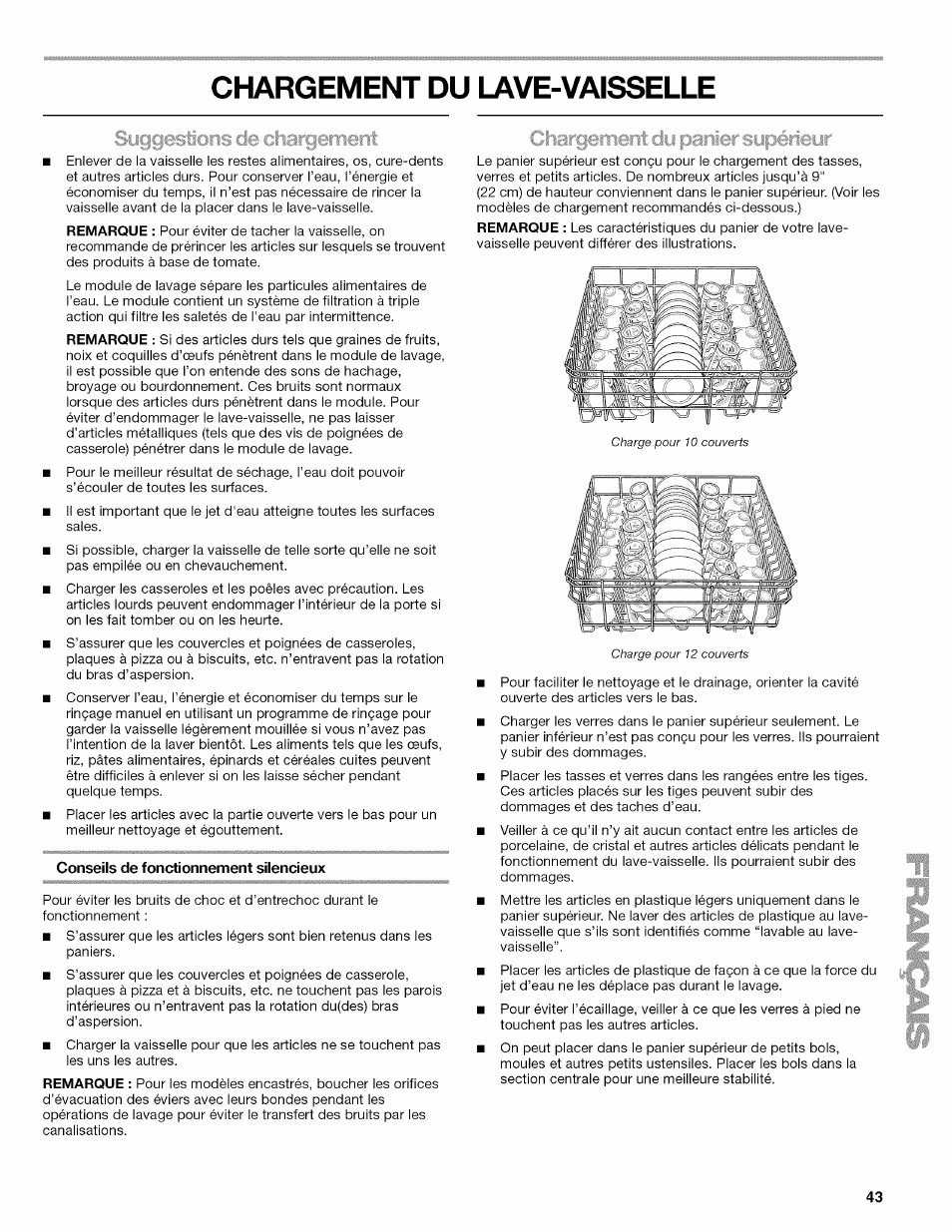 Chargement du lave-vaisselle, Conseils de fonctionnement silencieux | Kenmore ULTRA WASH 665.77925 User Manual | Page 43 / 56