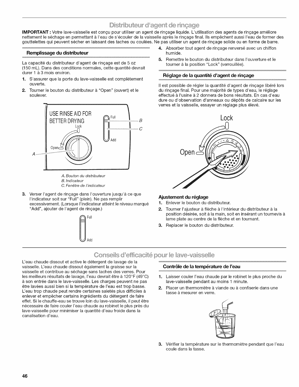 Remplissage du distributeur, Réglage de la quantité d'agent de rinçage, Ajustement du réglage | Contrôle de la température de l’eau, Lock | Kenmore ULTRA WASH 665.77925 User Manual | Page 46 / 56