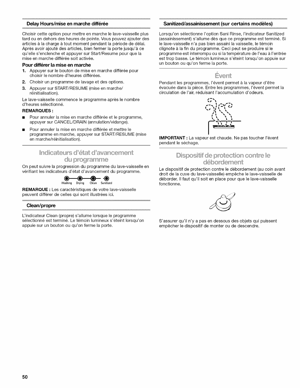 Pour différer la mise en marche, Clean/propre | Kenmore ULTRA WASH 665.77925 User Manual | Page 50 / 56