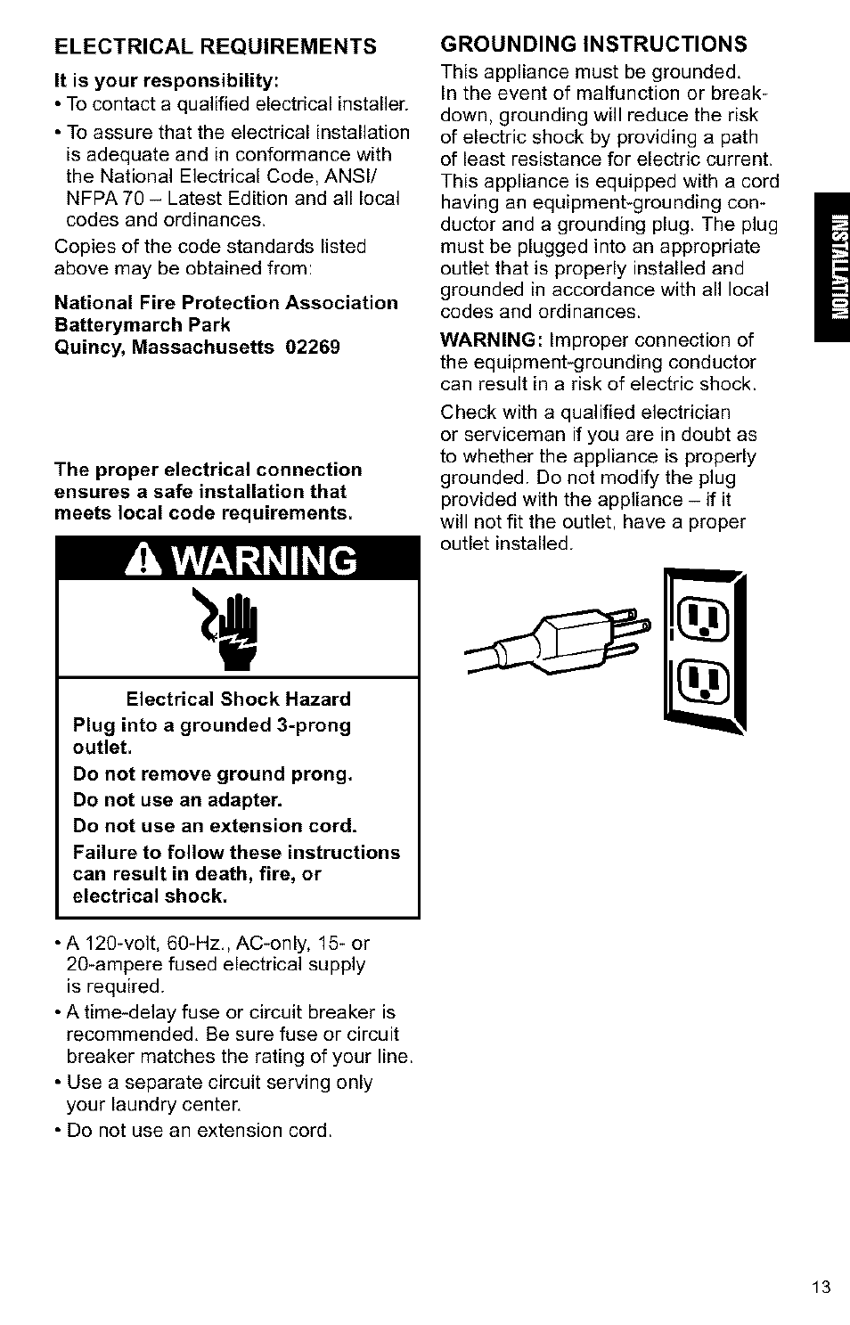 Electrical requirements, A warning, Grounding instructions | Warning | Kenmore 3405594 User Manual | Page 13 / 61