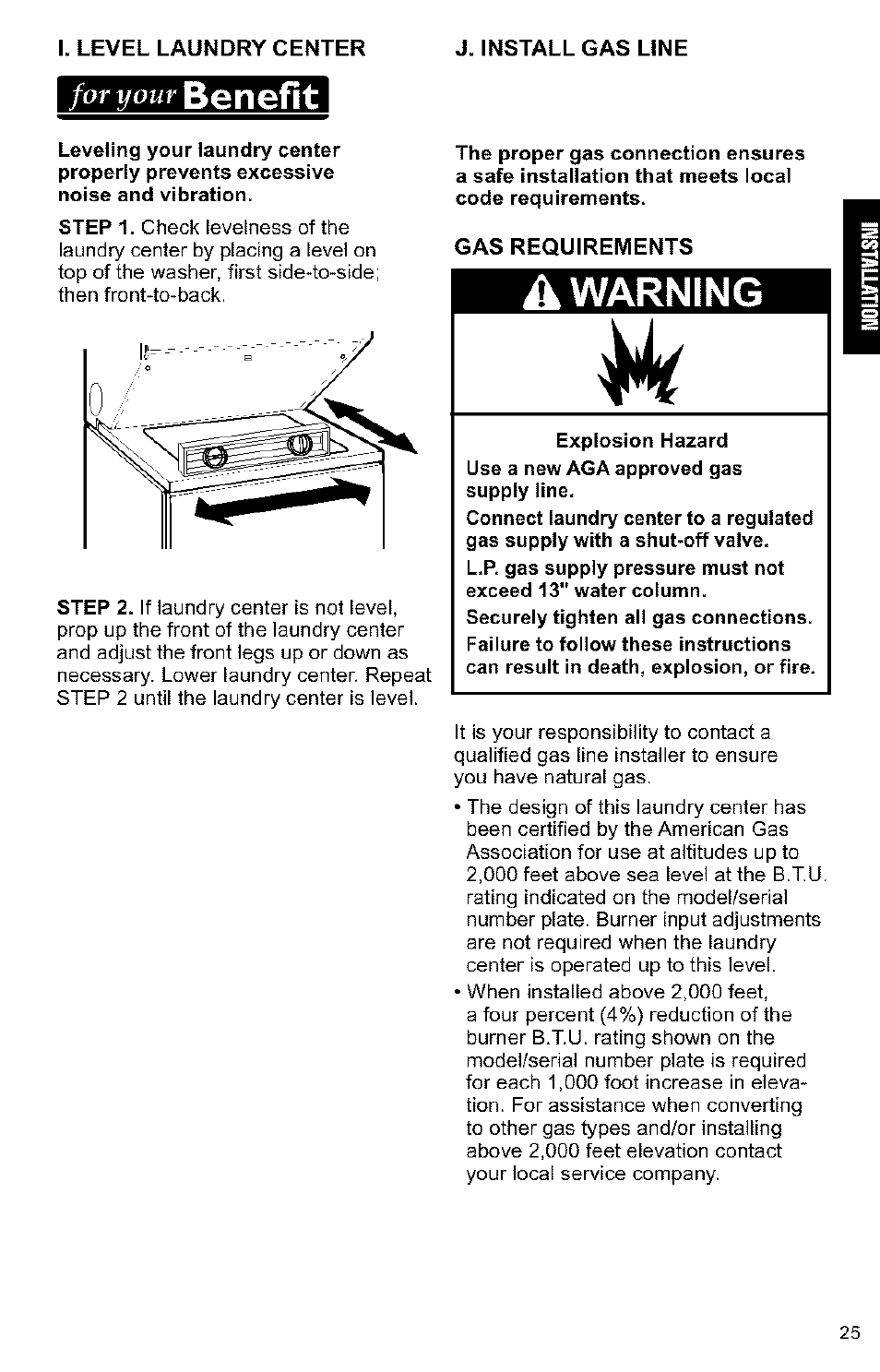 Gas requirements, W benefit, Warning | Kenmore 3405594 User Manual | Page 25 / 61