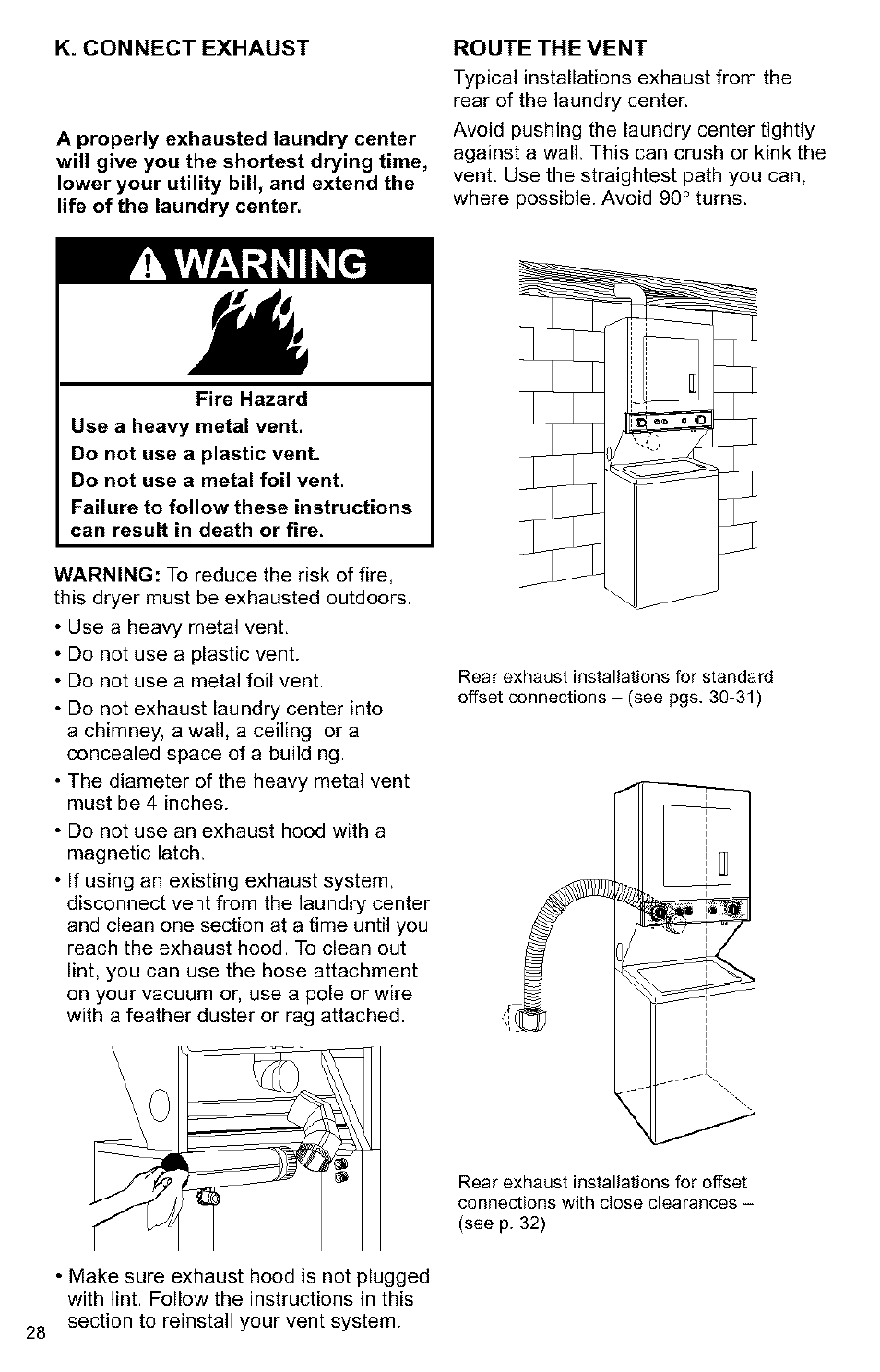 K. connect exhaust, A warning, Route the vent | Kenmore 3405594 User Manual | Page 28 / 61