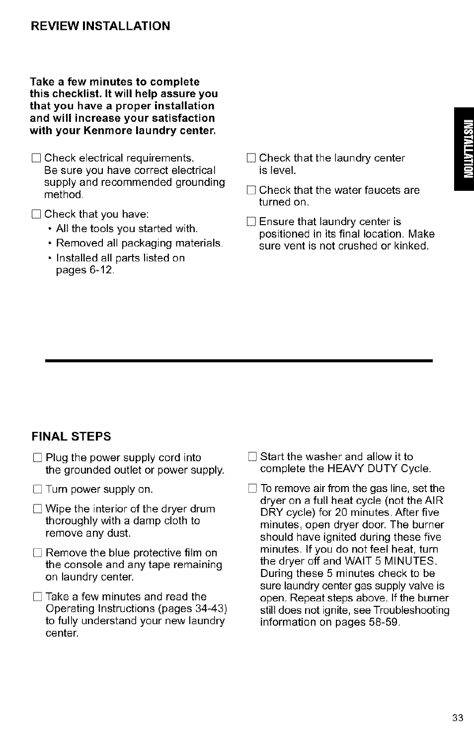 Review installation, Final steps | Kenmore 3405594 User Manual | Page 33 / 61
